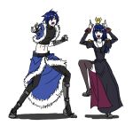  1boy 1girl :3 animal_on_head armored_boots baby_animal bird bird_on_head black_dress black_gloves black_pants black_shirt blue_cape blue_hair blue_jacket boots brown_shoes brown_thighhighs cape chick closed_eyes commentary_request crop_top cropped_jacket cross cross_necklace dress fingerless_gloves full_body fur-trimmed_cape fur-trimmed_jacket fur_trim gloves index_finger_raised jacket jewelry long_hair looking_at_viewer necklace on_head open_clothes open_jacket open_mouth pants priest_(ragnarok_online) purple_eyes ragnarok_online shirt shoes short_hair short_sleeves simple_background smile stalker_(ragnarok_online) thighhighs toriria waist_cape white_background 