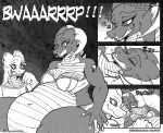  2017 anthro arm_tattoo bandage bed bed_sheet bedding belly belly_scales big_belly big_breasts bloated bottomwear breasts burping clothing comic dragon duo english_text eyes_closed female furniture hi_res horn hyper hyper_belly if_hell_had_a_taste lying male mars_fidchell monochrome musclegut muscular muscular_anthro muscular_female navel non-mammal_breasts on_back open_mouth pillow scales shirt skylar_fidchell sleeping stuffing tattoo text thick_thighs topwear viroveteruscy wounded 