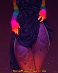  1girl angel_ganev artist_name black_dress black_panties breasts chromatic_aberration clothes_lift commentary cowboy_shot dress dress_lift english_commentary english_text floral_print floral_print_dress flower_tattoo glowing head_out_of_frame highres leg_tattoo lifting_own_clothes light_particles medium_dress medium_ress original panties print_dress purple_background simple_background sleeveless sleeveless_dress small_breasts solo standing subtitled tattoo underlighting underwear 