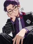  1boy black_jacket black_pants closed_mouth collared_shirt corbeau_(pokemon) eyewear_strap glasses grey_background highres jacket male_focus necktie nin0_02 pants pokemon pokemon_legends:_z-a purple_hair purple_shirt round_eyewear shirt short_hair signature simple_background sitting solo white_necktie yellow_eyes 