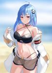  1girl absurdres ahoge alternate_costume armband azur_lane bangs bare_shoulders beard bikini black_bikini blue_hair blue_sky blurry blurry_background blush breasts brown_shorts chinese_commentary cleavage closed_mouth cloud coat collarbone commentary cowboy_shot day facial_hair groin hair_between_eyes hair_ornament halterneck hand_up helena_(azur_lane) highleg highleg_bikini highres long_hair looking_at_viewer medium_breasts midriff military_coat navel off_shoulder open_clothes open_coat purple_eyes shorts sidelocks sky solo standing sweat swimsuit white_coat wutong_mingye 