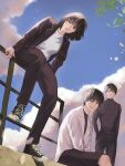  1girl 2boys :d :| ;) black_hair black_jacket black_shirt black_shorts blunt_bangs branch closed_mouth cloud cloudy_sky day emosunfish falling_petals from_below full_body han_sooyoung hands_in_pockets hands_on_lap highres jacket kim_dokja knee_up lollipop_in_mouth looking_at_viewer multiple_boys omniscient_reader&#039;s_viewpoint on_railing one_eye_closed open_clothes open_jacket outdoors petals railing shirt shoes short_hair shorts sitting sky smile sneakers white_jacket white_shirt wind yoo_joonghyuk 