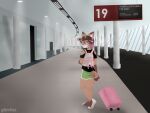 absurd_res aircraft airplane airport anthro backpack bag bare_shoulders barefoot bottomwear brown_body brown_fur brown_hair clothing costume ears_up feet felid feline femboy flying fur glimfox green_bottomwear green_clothing green_eyes green_shorts hair hi_res horn hybrid inner_ear_fluff kemono leopard lynx male mammal pantherine pawpads paws pin_(disambiguation) shirt shorts solo solo_focus spots suitcase t-shirt tail topwear tuft vehicle