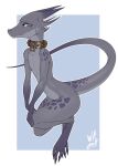  2021 anthro blue_background border claws collar collar_only female flat_chested full-length_portrait grey_body grey_scales horn kobold long_tail nude portrait scales scalie simple_background solo w4g4 white_border 
