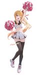  1girl ;d absurdres ahoge arm_up bare_arms black_thighhighs blonde_hair brown_eyes cheerleader commentary_request crop_top double-parted_bangs flat_chest full_body gradient_hair hair_between_eyes hair_ornament hairclip highres holding holding_pom_poms hololive hololive_dev_is kaguya_(srx61800) long_hair looking_at_viewer midriff miniskirt multicolored_hair musical_note musical_note_hair_ornament navel one_eye_closed open_mouth orange_hair otonose_kanade pleated_skirt pom_pom_(cheerleading) shoes side_ponytail sidelocks simple_background skirt smile sneakers solo tank_top teeth thighhighs upper_teeth_only very_long_hair white_background white_shoes white_skirt white_tank_top 