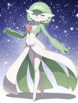  1girl :o blush bob_cut closed_eyes colored_skin dress gardevoir green_hair green_skin highres legs multicolored_skin no_feet open_mouth pokemon pokemon_(creature) scarletknives-x short_hair sky solo standing star_(sky) starry_sky thighs two-tone_skin walking white_dress white_skin 