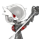  1girl absurdres aliasing arm_up armor artist_name bob_cut closed_mouth clothed_pokemon commentary_request dated diyouyou fighting_stance flat_chest from_side gardevoir gauntlets grey_theme greyscale hair_over_one_eye highres holding holding_sword holding_weapon looking_at_viewer medium_hair monochrome one_eye_covered ox_guard pokemon pokemon_(creature) rapier red_eyes serious shoulder_armor signature simple_background solo spot_color standing sword upper_body weapon white_background 