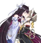  2girls bare_shoulders black_dress black_hair closed_eyes colored_inner_hair columbina_(genshin_impact) commentary dress french_kiss genshin_impact gloves grey_hair hair_bun hand_on_another&#039;s_face highres kiss multicolored_hair multiple_girls nonoberry22 off-shoulder_dress off_shoulder purple_dress purple_hair sandrone_(genshin_impact) simple_background white_background white_gloves yuri 