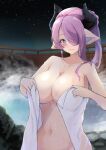  bangs blue_eyes blush breasts bright_pupils draph granblue_fantasy hair_over_one_eye horns large_breasts large_ears long_hair naked_towel narmaya_(granblue_fantasy) navel night night_sky nwem onsen open_towel parted_bangs pointy_ears ponytail purple_hair sky star_(sky) starry_sky sweat towel 