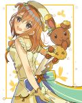  1girl back_bow beret blush bow buneary dress gloves hair_between_eyes hanasato_minori hat highres holding hotaruby looking_at_viewer looking_back open_mouth orange_hair pokemon project_sekai purple_eyes ribbon sleeveless smile solo stuffed_animal stuffed_toy white_background white_gloves 