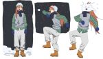  >_< 1girl absurdres beanie black_scarf blue_mittens boots brown_boots chainsaw_man demon_girl demon_horns green_shirt grey_sweater_vest hair_between_eyes hat highres horns long_hair_between_eyes mittens multiple_views orange_eyes orange_hair pants plumblossom91 power_(chainsaw_man) red_horns scarf shirt snowball sweater_vest white_pants 