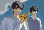  2boys :d black_hair collared_shirt commentary curtained_hair emosunfish english_commentary flower grey_vest holding holding_flower kim_dokja looking_at_another male_focus multiple_boys omniscient_reader&#039;s_viewpoint outdoors shirt short_hair smile sunflower upper_body vest white_shirt yoo_joonghyuk 
