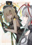  2girls animal_ears antenna_hair arknights bang_dream! bang_dream!_it&#039;s_mygo!!!!! blonde_hair blush chinese_commentary closed_eyes commentary_request dog_ears gameplay_mechanics gloves grey_hair half_gloves highres long_sidelocks medium_hair misumi_uika misumi_uika_(caged_singer) multiple_girls sidelocks sleeveless smile tagme w_(arknights) wis&#039;adel_(arknights) wis&#039;adel_(supernova)_(arknights) zuo_daoxing 