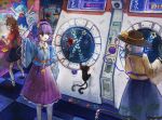  4girls arcade blue_hair blue_shirt brown_hair brown_shoes cat cirno ge_dazuo green_hair green_skirt hairband hat highres kaenbyou_rin kaenbyou_rin_(cat) komeiji_koishi komeiji_satori long_sleeves maimai_(game) multiple_girls open_mouth original purple_eyes purple_hair purple_skirt red_shirt ribbon shirt shoes short_hair short_sleeves skirt socks third_eye touhou umiyuri_kaiteitan_(vocaloid) white_socks yellow_ribbon yellow_shirt 