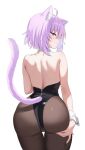  1girl animal_ears bare_back black_leotard brown_pantyhose cat_ears cat_girl cat_tail cowboy_shot highres hololive leotard looking_at_viewer looking_back nannung nekomata_okayu pantyhose purple_eyes purple_hair short_hair simple_background solo tail white_background 