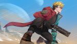  1boy blonde_hair coat desert fingerless_gloves gloves gun highres hood hooded_coat male_focus orange-tinted_eyewear prosthesis prosthetic_arm red_coat revolver round_eyewear soraiven tinted_eyewear trigger_discipline trigun trigun_stampede vash_the_stampede weapon 