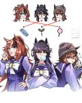  3girls animal_ears bandaid bandaid_on_face bandaid_on_nose beanie black_hair blowing_bubble_gum blue_eyes bow bowtie breasts brown_hair bubble_gum_fellow_(umamusume) candy chewing_gum closed_mouth crossed_arms ear_ornament ears_through_headwear food grey_hat hair_between_eyes hair_ornament hat highres holding holding_candy holding_food holding_lollipop horse_ears horse_girl lollipop lollipop_in_mouth long_hair long_sleeves looking_at_viewer mouth_hold multicolored_hair multiple_girls naegi_happy nakayama_festa_(umamusume) narita_brian_(umamusume) open_mouth ponytail purple_eyes purple_sailor_collar purple_serafuku purple_shirt purple_skirt rope sailor_collar sailor_shirt school_uniform serafuku shimenawa shirt skirt smile stalk_in_mouth tracen_school_uniform umamusume upper_body white_bow white_bowtie white_hair yellow_eyes 