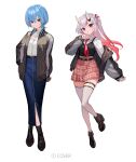  2girls belt black_belt black_boots blue_eyes blue_hair boots closed_mouth commentary_request floating_hair full_body grey_hair grey_thighhighs hair_between_eyes highres hololive horns hoshimachi_suisei jacket lack long_hair long_sleeves looking_at_viewer multicolored_hair multiple_girls nakiri_ayame official_art oni open_clothes open_jacket parted_lips pink_hair red_eyes shirt short_hair simple_background skirt smile standing thighhighs virtual_youtuber white_background zettai_ryouiki 