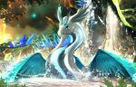  2022 blue_eyes claws day detailed_background digital_media_(artwork) dragon feathered_wings feathers female feral forest hi_res outside paws plant scales solo telleryspyro tree water white_body white_scales wings 