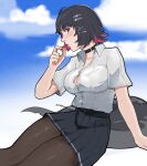  1girl artist_name belt black_belt blue_sky brown_eyes candy cloud cloudy_sky collar collarbone colored_inner_hair day ellen_joe english_commentary feet_out_of_frame fins fish_tail food grey_hair hair_ornament hairpin highres holding holding_candy holding_food holding_lollipop lollipop lollipop_in_mouth looking_at_viewer miniskirt multicolored_hair nose outdoors pantyhose pleated_skirt shark_tail shirt shirt_tucked_in short_hair signature skirt sky solo tail uchihaniray white_shirt zenless_zone_zero 