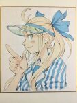  1girl blonde_hair blue_bow blue_eyes blue_shirt bow closed_mouth commentary_request finger_gun hair_bow hair_over_shoulder hand_up highres lapels long_hair original peter_salt portrait profile see-through_clothes see-through_headwear shirt sideways_glance smile solo striped_clothes striped_shirt traditional_media twintails vertical-striped_clothes vertical-striped_shirt visor_cap 
