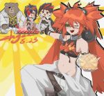  &gt;_&lt; 2boys 2girls animal_ears anton_ivanov bear_boy bear_ears ben_bigger black_hair black_tank_top bread brown_fur cake chibi chinese_commentary closed_eyes commentary_request dated eyepatch food furry furry_male goggles goggles_on_head grace_howard highres holding_bread jacket koleda_belobog looking_at_viewer melon_bread midriff multicolored_hair multiple_boys multiple_girls one_eye_covered open_mouth pants red_hair scar scar_across_eye scar_on_face signature streaked_hair tank_top twintails white_jacket white_pants zenless_zone_zero zhymao 
