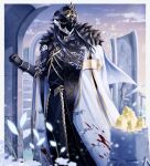  1boy absurdres arm_up black_fur black_gloves black_hair black_helmet black_shirt border cape capitano_(genshin_impact) cloud cloudy_sky collared_shirt commentary_request crystal dusk fur_trim genshin_impact gloves gold_trim helmet highres long_hair long_sleeves male_focus outdoors ruins shirt sky sleeve_cuffs solo standing uouzzz white_border white_cape 