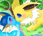 2022 ambiguous_feral ambiguous_gender ambilly_aniki artist_name blue_body blue_eyes blue_skin blush blush_lines bubble colored digital_media_(artwork) duo ear_fins eeveelution feral feral_on_feral fin fur generation_1_pokemon head_fin heart_symbol hi_res jolteon kemono lake looking_at_another mammal marine nintendo nose_to_nose pokemon pokemon_(species) purple_eyes romantic romantic_couple shaded simple_shading spiky_fur swimming text vaporeon yellow_body yellow_fur