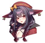  1girl :3 aegyo_sal animal_ear_fluff animal_ears black_choker black_gloves black_hair bow braid breasts center-flap_bangs cherry_earrings choker cleavage commentary commission cropped_shoulders earrings english_commentary eyelashes eyes_visible_through_hair fingerless_gloves fishnet_top fishnets flower food-themed_earrings gloves gradient_hair hair_between_eyes hair_intakes hair_over_shoulder hair_tie hand_up hat hat_bow hat_flower highres jacket jewelry long_hair looking_at_viewer low_twin_braids multicolored_hair nail_polish open_clothes open_jacket original pink_flower red_eyes red_hair red_hat red_jacket red_nails sasucchi95 sidelocks simple_background solo tsurime twin_braids two-tone_hair white_background yellow_hat 