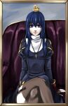  1girl animal_on_head baby_animal bird bird_on_head blue_dress blue_hair border breasts brown_border brown_thighhighs chick closed_mouth commentary_request couch cross cross_necklace crossed_legs dress feet_out_of_frame garter_straps jewelry juliet_sleeves lips long_hair long_sleeves looking_at_viewer medium_breasts necklace on_couch on_head priest_(ragnarok_online) puffy_sleeves purple_eyes ragnarok_online side_slit sidelocks sitting smile solo thighhighs toriria 