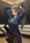  1girl a_wu absurdres akiyama_mio arms_up bangs bass_guitar black_eyes black_hair blazer blue_jacket blunt_bangs blurry blurry_background buttons collared_shirt cowboy_shot hair_tie_in_mouth highres indoors instrument jacket k-on! long_hair long_sleeves looking_at_viewer mouth_hold neck_ribbon parted_bangs ponytail ribbon sakuragaoka_high_school_uniform school_uniform shirt sidelocks skirt smile solo standing tying_hair weibo_logo weibo_username white_shirt white_skirt 