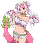  1girl arm_behind_back belt breasts camisole cleavage collarbone colored_tongue commentary commission corrupted_twitter_file cowboy_shot crop_top double_bun dragon_fruit dragon_girl dragon_horns dragon_tail dragon_wings english_commentary green_belt green_eyes green_horns hair_bun hair_intakes highres horns large_breasts multicolored_hair navel oninuer original personification pink_hair short_shorts shorts solo tail two-tone_hair white_camisole white_hair wings 