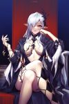  1girl absurdres arknights black_dress breasts center_opening crossed_legs detached_collar dress elf gladiia_(arknights) grey_hair hair_over_one_eye high_collar highres holding large_breasts long_hair long_sleeves looking_at_viewer lunn pointy_ears red_eyes sitting solo very_long_hair 