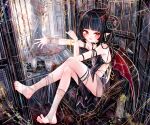  1girl a1u absurdres barefoot black_hair black_horns commentary_request demon_girl demon_horns demon_wings earrings feet halo highres horns jewelry looking_at_viewer no_shoes open_mouth original pointy_ears red_eyes red_hair red_halo red_wings revision silk soles solo spider_web stirrup_legwear toeless_legwear toes wings 