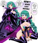  1girl absurdres alternate_costume boots braid braided_ponytail breasts brooch brown_eyes cape cleavage earrings english_text eyeshadow fang full_body gold_earrings green_hair grin half-closed_eyes high_heel_boots high_heels highres instant_loss jewelry large_breasts lebanne_(pokemon) leotard lipstick long_hair makeup mega_stone nico-neko open_mouth pokemon pokemon_legends:_z-a purple_boots purple_cape purple_eyeshadow purple_leotard purple_lips purple_nails single_braid sitting smile smug speech_bubble strapless strapless_leotard thigh_boots two-sided_cape two-sided_fabric v-shaped_eyebrows very_long_hair wariza 