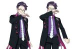  1boy belt black_pants blush collared_shirt corbeau_(pokemon) embarrassed eyewear_strap furrowed_brow glasses highres long_sleeves male_focus multiple_views necktie orange_eyes pants pokemon pokemon_legends:_z-a purple_belt purple_shirt round_eyewear shirt short_hair silong414 simple_background v-shaped_eyebrows white_background white_necktie wiping_face 