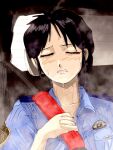  1girl badge black_hair blush braid breast_pocket car car_interior clenched_teeth closed_eyes collarbone collared_shirt commentary_request dripping holding hot kobayakawa_miyuki motor_vehicle parted_bangs pocket police police_uniform policewoman seatbelt shirt solo steam steaming_body sweat sweaty_clothes taiho_shichauzo teeth upper_body zangichannel 