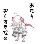  1girl absurdres ahoge ankle_lace-up arm_strap bare_shoulders bracelet closed_eyes colored_tips cross cross_print curled_horns demon_girl demon_horns demon_wings dress dyed_ahoge frilled_dress frills full_body gloves grey_hair hair_between_eyes heart heart_print highres holding_bug horns jewelry leaning_forward long_dress looking_down makaino_ririmu makaino_ririmu_(1st_costume) morio926 multicolored_hair nijisanji no_socks off-shoulder_dress off_shoulder pointy_ears red_eyes red_horns red_shoes red_streaks red_wings shirt_under_dress shoes short_hair sidelocks simple_background solo squatting stag_beetle streaked_hair undershirt virtual_youtuber white_background white_dress white_gloves white_shoes wings 