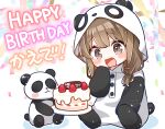  1girl :d animal_costume animal_ears animal_hood azusagawa_kaede blush_stickers brown_eyes brown_hair cake character_name chibi colored_shadow commentary_request confetti fake_animal_ears food fruit hand_up happy_birthday highres hood jako_(jakoo21) long_hair low-tied_long_hair low_twintails panda_costume panda_ears panda_hood plate seishun_buta_yarou shadow sitting smile solo strawberry stuffed_animal stuffed_panda stuffed_toy twintails white_background 