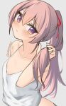  1girl bare_shoulders blush camisole collarbone grey_background hair_ribbon hand_in_own_hair long_hair looking_at_viewer original parted_lips pink_hair ponytail purple_eyes red_ribbon ribbon simple_background skeptycally smile solo twitter_username upper_body 