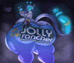 2025 4_fingers alien ambiguous_gender anthro big_butt biped butt butt_cleavage clothed clothing digital_media_(artwork) fingers gesture hand_gesture hi_res huge_butt huge_hips huge_thighs hyper hyper_butt hyper_hips hyper_thighs ineffective_clothing k1o_(k1o_gl1x) k1o_gl1x looking_back low-angle_view machine open_mouth protogen rear_view simple_background smile solo thick_thighs v_sign wide_hips