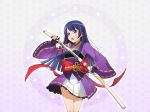  1girl armor black_gloves blunt_ends drawing_sword fingerless_gloves game_cg gloves holding holding_sheath holding_sword holding_weapon japanese_armor japanese_clothes kimono long_hair long_sleeves looking_at_viewer official_art open_mouth purple_eyes purple_hair purple_kimono sheath shoujo_kageki_revue_starlight shoujo_kageki_revue_starlight_-re_live- solo standing sword tomoe_tamao unsheathing upper_body weapon wide_sleeves 