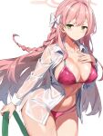  1girl ahoge bikini blue_archive blush bow braid breasts closed_mouth commentary_request covered_nipples double-parted_bangs dress_shirt green_eyes hair_bow halo halterneck hanako_(blue_archive) hanako_(swimsuit)_(blue_archive) hand_on_own_chest highres holding holding_hose hose large_breasts leaning_forward linea_alba long_hair long_sleeves looking_at_viewer navel no_pants official_alternate_costume open_clothes open_shirt pink_bikini pink_hair pink_halo see-through_clothes see-through_shirt shirt side_braid single_braid smile solo stomach string_bikini swimsuit unbuttoned very_long_hair wet wet_clothes wet_shirt white_bow white_shirt yakkom 
