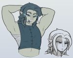  bandage bandaged_torso braided_hair clothing eyebrows facial_scales fangs forked_tongue hair hi_res himbo humanoid long_hair male mara_the_ravenous midriff not_furry pointy_ears scale_eyebrows scales shirt small_fangs solo teeth tongue tongue_out topwear tunic 