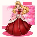  blonde_hair blue_eyes dress earrings full_body jewelry long_hair mario_(series) own_hands_together pink_dress pink_lips princess_peach reihearth smile super_mario_bros._1 