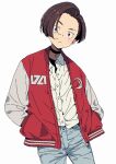  1girl alternate_costume black_choker brown_eyes brown_hair casual choker denim hands_in_pockets harukawa_fuki highres imigimuru jacket jeans jersey looking_at_viewer lycoris_recoil pants purple_eyes red_jacket shirt short_hair simple_background solo white_background white_shirt 