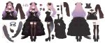  1girl absurdres ankle_strap bangs black_dress black_footwear breasts chiri_(ch!) closed_mouth color_guide dress hair_between_eyes high_heels highres horns indie_virtual_youtuber iria_(vtuber) long_hair long_sleeves looking_at_viewer medium_breasts multiple_views o-ring pink_eyes pink_hair pointy_ears reference_sheet second-party_source shoes simple_background tail thighhighs turnaround white_background 