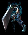  1boy armor baggy_pants belt black_background black_gloves black_hair blue_eyes blue_pants blue_shirt boots buster_sword fighting_stance final_fantasy final_fantasy_vii final_fantasy_vii_remake full_body gloves hair_slicked_back highres holding holding_sword holding_weapon ldawb male_focus materia medium_hair multiple_belts muscular muscular_male pants perspective scar scar_on_cheek scar_on_face shirt shoulder_armor sideburns signature sleeveless sleeveless_turtleneck solo suspenders sword turtleneck weapon wolf zack_fair 