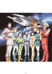  1980s_(style) 1990s_(style) 3girls 5boys absurdres aeug argama beam_cannon belt black_hair blonde_hair boots bright_noa brown_hair char_aznable emma_sheen fa_yuiry facial_hair gundam height_difference henken_bekkener highres kamille_bidan katz_howan key_visual kitazume_hiroyuki looking_at_viewer military military_uniform mullet multiple_boys multiple_girls mustache nebula official_art orange_hair pantyhose promotional_art quattro_bajeena reccoa_londe retro_artstyle scan science_fiction serious simple_background space spacecraft star_(sky) sunglasses third-party_source traditional_media zeta_gundam 
