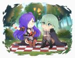  2girls arm_guards blurry blurry_background blush boots breasts byleth_(fire_emblem) byleth_(fire_emblem)_(female) cape chibi cleavage evomanaphy fire_emblem fire_emblem:_three_houses fire_emblem_warriors:_three_hopes grass green_hair hair_bun hair_over_one_eye heart highres light_blush long_hair looking_at_another multiple_girls open_mouth picnic purple_hair shez_(fire_emblem) shez_(fire_emblem)_(female) single_hair_bun sitting smile tree yuri 